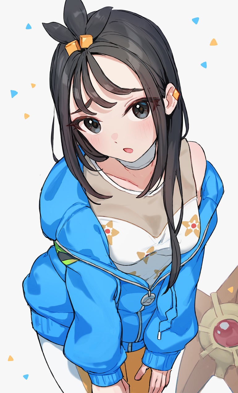 :o, blue hoodie, breasts, collarbone, commentary, cube hair ornament, duro (pokemon), earclip, female, gen 1 pokemon, hair ornament, highres, hitodeman, hood, hoodie, leaning forward, leggings, lida (pokemon), light blush, long sleeves, nintendo, open mouth, pokemon, pokemon (creature), pokemon legends: z-a, print shirt, shirt, single off shoulder, staryu, tassel, topknot, white background, yomizu (rdad3278), zipper pull tab