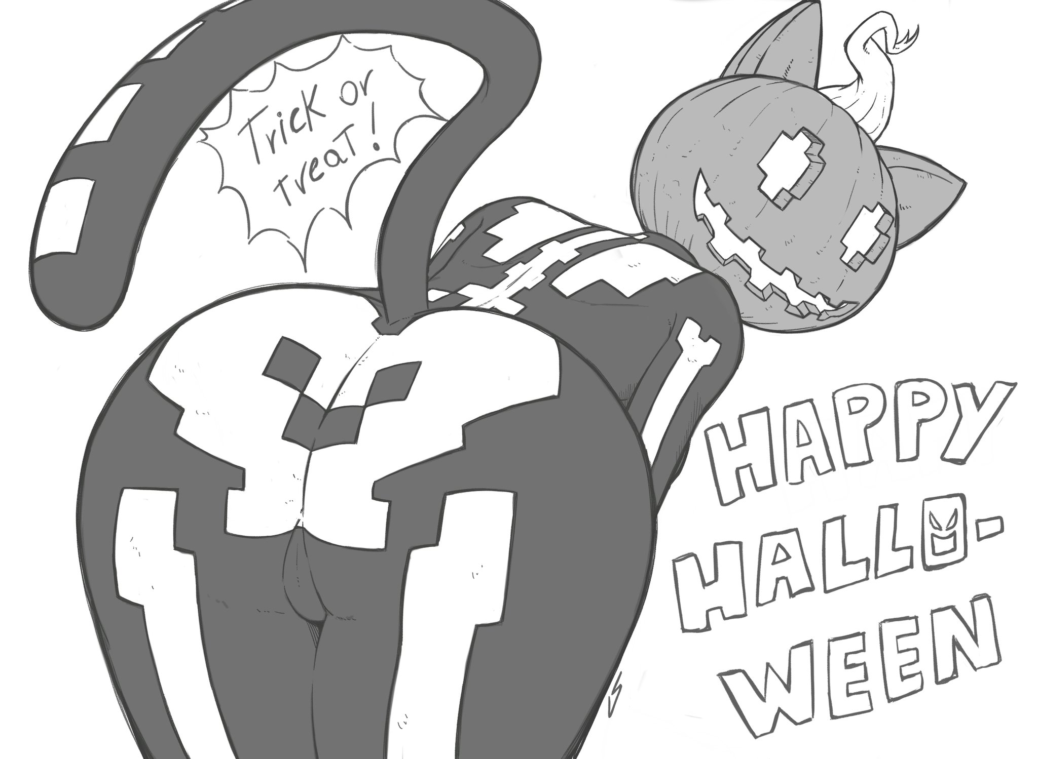 1girls, 2025, 23condex, animal ears, animal humanoid, anthro, ass, bent over, cat ears, cat tail, english text, epic games, felid, feline, female, female only, fortnite, halloween, monochrome, pumpkin, pumpkin head, pussy, pussy lips, showing ass, showing pussy, solo, solo female, spice (fortnite), tail, text