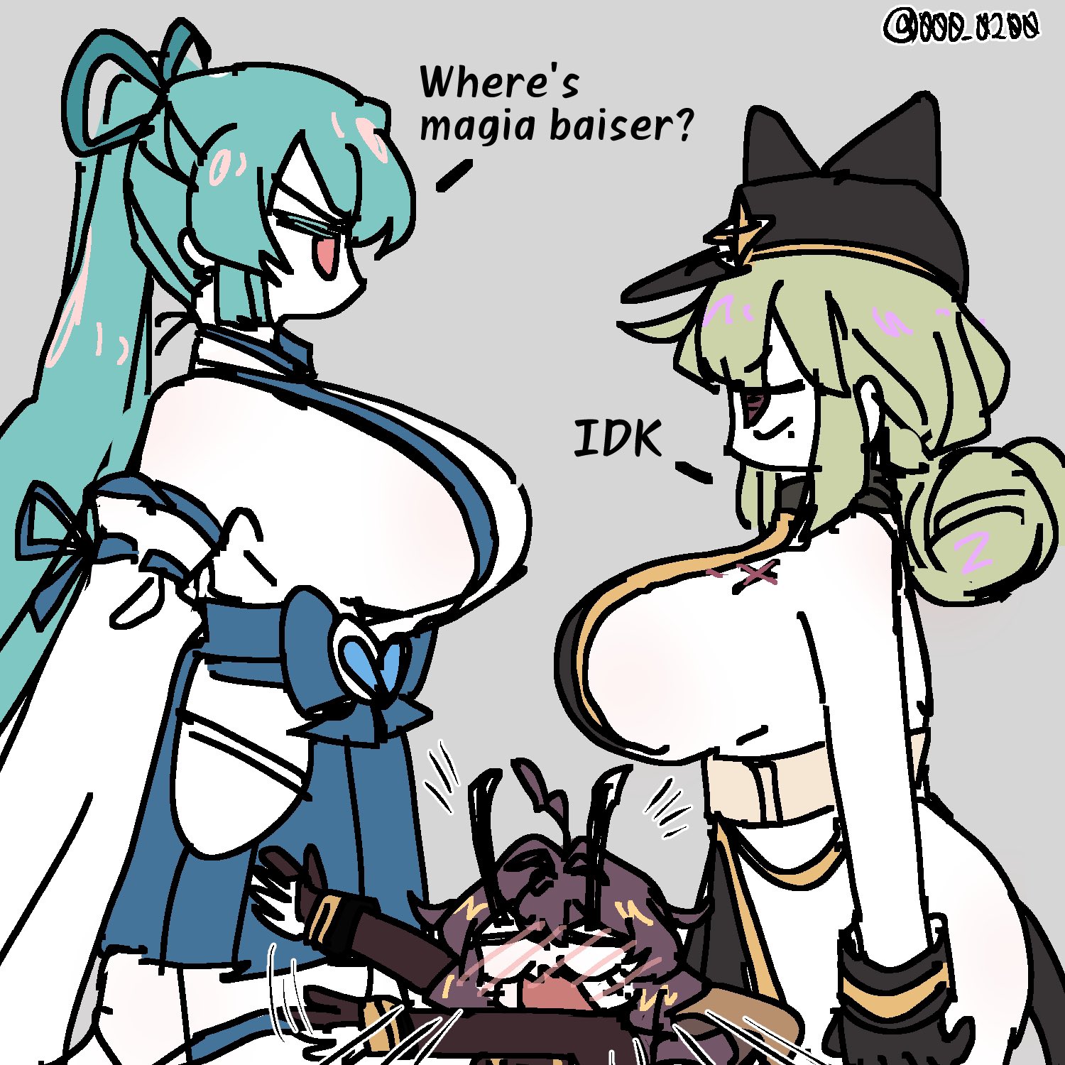 3girls, ahoge, an sin, araga kiwi, bangs, big breasts, black hair, black nails, blue hair, blush, breast press, breasts, bridal gauntlets, buns, cute fang, elbow gloves, female, female only, gloves, gushing over magical girls, hair, hair bun, hair ornament, hairbow, hiiragi utena, hips, huge boobs, huge breasts, huge thighs, inconvenient breasts, leopard (mahou shoujo ni akogarete), long hair, magia azul, magia baiser, mahou shoujo ni akogarete, meme reference, minakami sayo, nail polish, one eye closed, painted nails, red eyes, saliva, skindentation, sleeves past fingers, sleeves past wrists, spiral eyes, star pasties, thighhighs, thighs, thong, twitter trend, unaligned breasts, yellow eyes, yuri