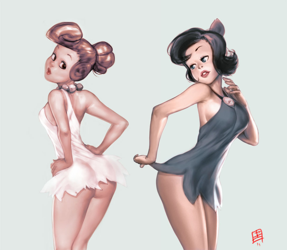 2girls arched_back ass betty_rubble black_hair blue_eyes breasts brown_eyes brown_hair butt clothes dress dress_lift female female_only hair hair_bun hair_ribbon hands_on_hips hanna-barbera human lips looking_back multiple_females multiple_girls necklace partially_clothed pose qiqo rear_view simple_background the_flintstones wilma_flintstone