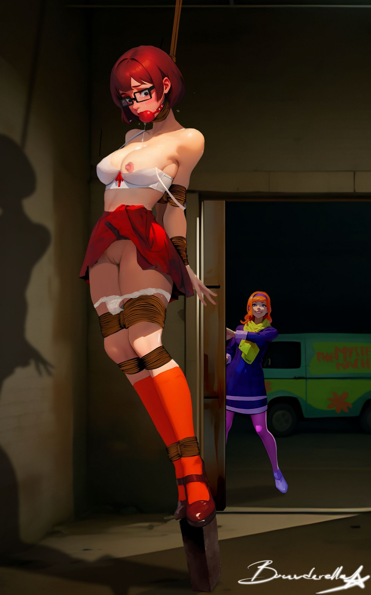 asphyxiation, bald pussy, ball gag, bra strap slip, breasts, breasts out, brick wall, closing door, daphne blake, drooling, evil smile, female, glasses, immobile, knee socks, legs together, mystery machine, nighttime, noose, panties down, peril, redhead, rope bondage, satisfied, scarf, scooby-doo, skirt around belly, snuff, van, velma dinkley, warehouse, worried expression
