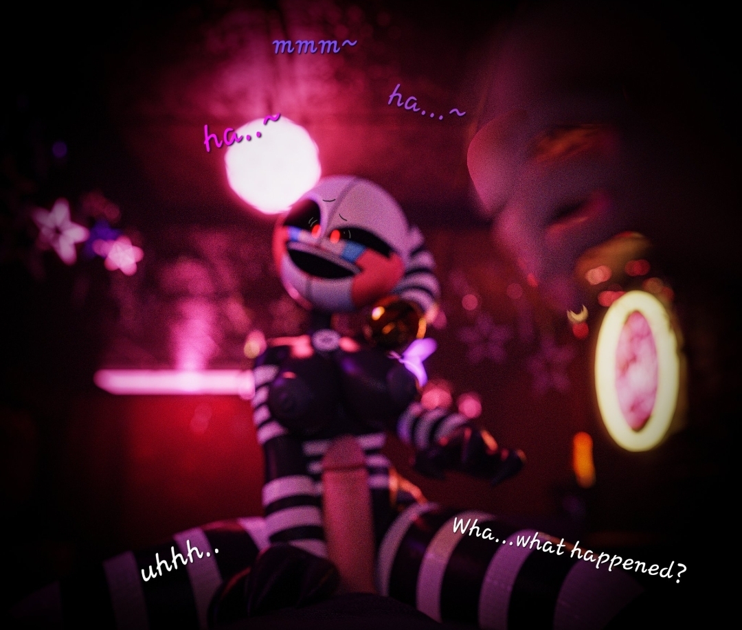 1girls, 3d, 3d (artwork), black body, black nipples, breasts, clown, clown girl, crazy eyes, crazy smile, dialogue, dubious consent, erection, female, five nights at freddy's, freddy fazbear's pizzeria simulator, hard on, jester, male, male/female, mime, nipples, nude, nude female, penis, puppet (fnaf), security puppet (fnaf), tagme, thick thighs, thighs, waking up, yandere, yellow eyes, zynox