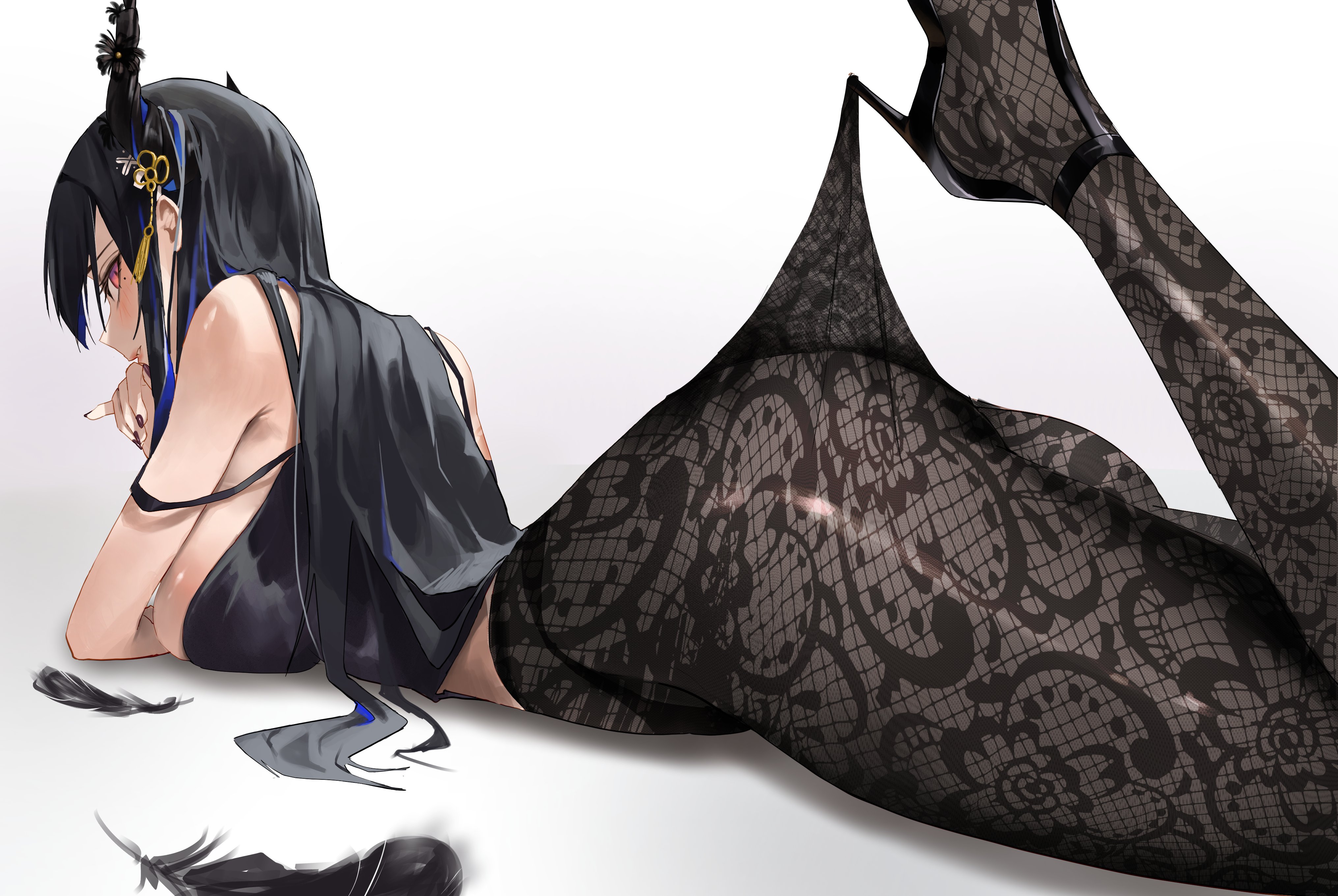 1girls, absurdres, ass, asymmetrical horns, big ass, black hair, blue hair, blush, breasts, colored inner hair, demon horns, feet up, female, floral print pantyhose, high heels, highres, hololive, hololive english, hololive english -advent-, hooked on heel, horns, lace pantyhose, lace pantyhose hooked on heel (meme), large breasts, legs up, long hair, looking at viewer, lying, meme, mole, mole under eye, multicolored hair, nail polish, nerissa ravencroft, on stomach, pantyhose, red eyes, the pose, two-tone hair, uneven horns, virtual youtuber, zargaz