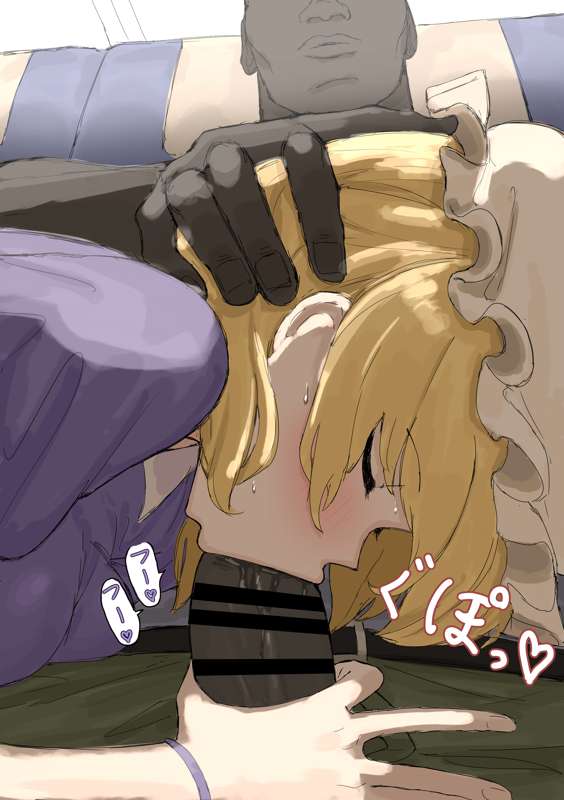 :>=, 1boy, 1girls, akiraxians92951, blonde, blonde female, blonde hair, blonde hair female, blonde-haired female, blush, censored, closed eyes, clothed female, clothing, cum, cum in mouth, dark skin, dark-skinned male, fellatio, female, female focus, grabbing penis, hand on head, handjob, hat, head grab, interracial, kumiyabe, light skin, light-skinned female, male, maribel hearn, medium hair, oral, oral sex, pants down, penis, sucking penis, sweat, team shanghai alice, touhou