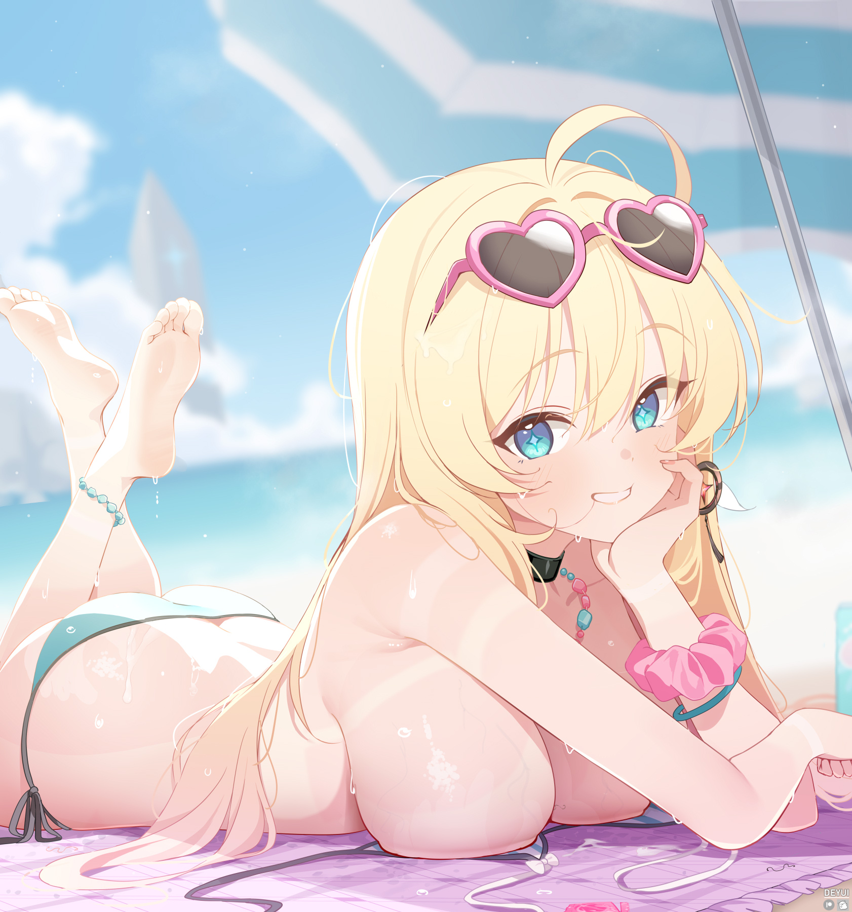 ahoge, ass, bare shoulders, barefoot, beach, bikini, blonde hair, blue bikini, blue eyes, blurry, blurry background, breasts, butt crack, choker, commentary, commentary request, deyui, english commentary, eyewear on head, female, heart, heart-shaped eyewear, highres, large breasts, long hair, lying, noya (stella sora), ocean, on stomach, open clothes, sand, side-tie bikini bottom, solo, stella sora, sunglasses, sweat, swimsuit, untied bikini