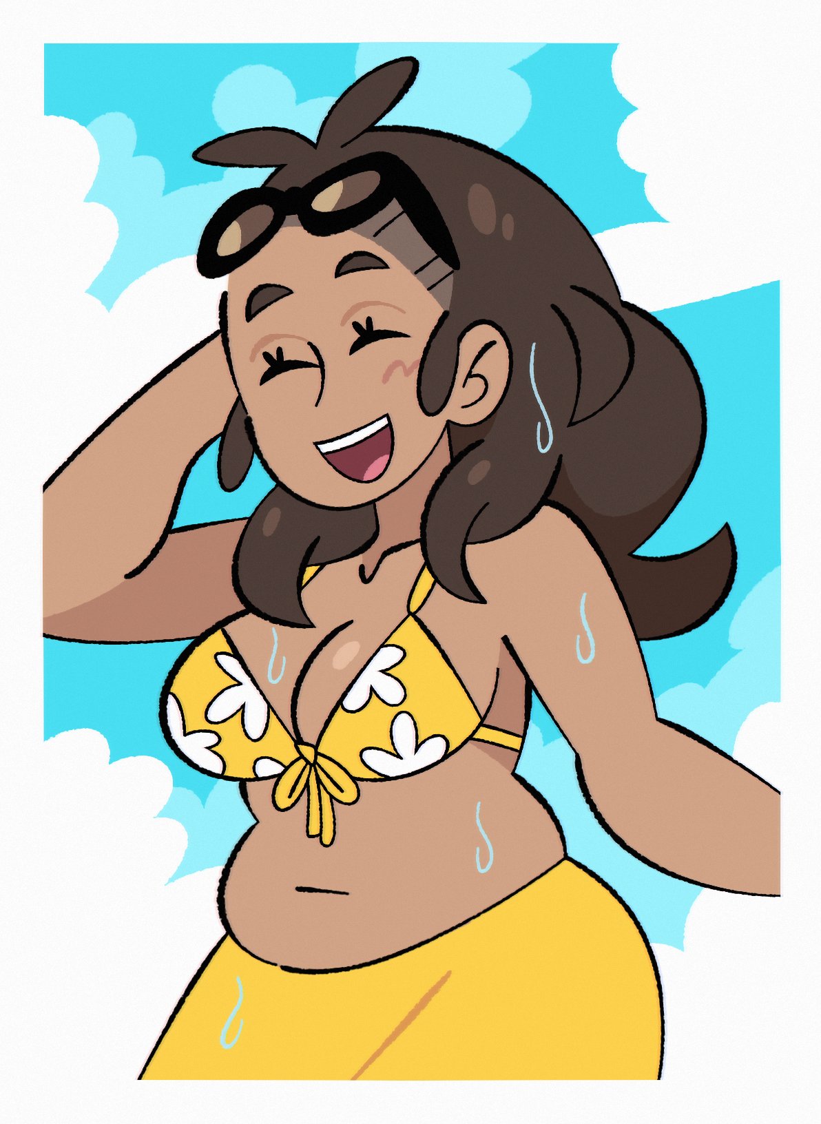 1girls, big breasts, billspooks, boobs focus, breasts, breasts focus, brown hair, brunette female, brunette hair, chubby, chubby belly, chubby female, female, female focus, female only, milf, mom, mommy, mother (pokemon sm), pokemon, pokemon sm, solo, solo female, solo focus, sunglasses, sunglasses on head, swimsuit, swimsuits, swimwear, tagme, tan, tan body, tan skin, wet, wet body, wet clothes, wet clothing, wet skin, wife, wife material