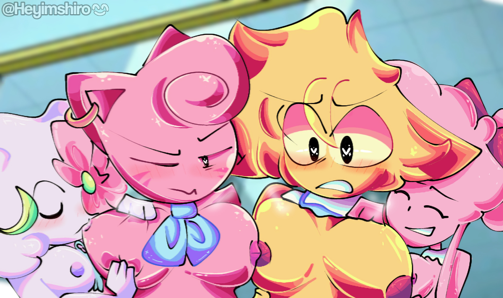 4girls, abby (maginage matches), anthro, artist request, blush, bow, breasts, cat ears, catherine (maginage matches), feline, female, first porn of character, flower, flower over eye, fnf mods, friday night funkin, grabbing breasts, heart-shaped pupils, jillian (maginage matches), maginage matches (friday night funkin), multiple females, multiple girls, orange body, orange fur, pink body, pink fur, polly (maginage matches), poodle, schoolgirl, schoolgirls, source request, students, sucking breasts, white body, yuri