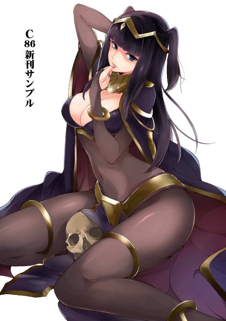 black hair, bodystocking, bodysuit, bra, bracelet, cape, circlet, cleavage, female, fire emblem, fire emblem awakening, loincloth, long hair, nail polish, navel, nintendo, riruharuha, see-through, sitting, skull, solo, tharja (fire emblem), thigh strap