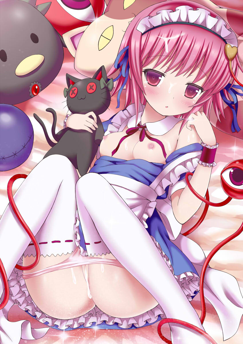 alternate_costume apron areolae ass bare_shoulders blue_dress blush breasts breasts_out cum cum_in_pussy dress enmaided eyeball female givuchoko hair_ribbon heart highres knees_together_feet_apart looking_at_viewer lying maid maid_apron maid_headdress nipples on_back panties panty_pull pink_eyes pink_hair pink_panties pussy rin_kaenbyou_(cat) sakuya_izayoi_(cosplay) satori_komeiji short_hair small_breasts solo stuffed_animal stuffed_bird stuffed_cat stuffed_toy thighhighs third_eye touhou underwear utsuho_reiuji_(bird) white_legwear wrist_cuffs