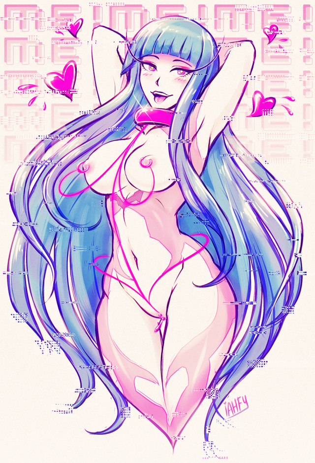 armpits, arms up, blue hair, blush, breasts, choker, female, genital piercing, hands behind head, k-y-h-u, long hair, me!me!me!, meme (me!me!me!), navel, nipple piercing, nipples, open mouth, piercing, pink eyes, smile, solo, very long hair