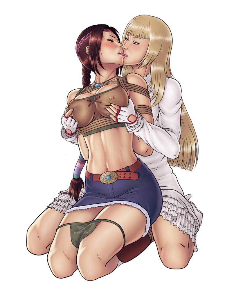 2girls arms_behind_back arms_tied_behind_back blonde_hair blush bondage bound_arms breast_grab breasts brown_hair closed_eyes clothed emilie_de_rochefort erect_nipples female groping groping_from_behind hands_behind_back human julia_chang kissing kneeling midriff miniskirt multiple_girls navel nipple_bulge nipple_tweak nipples panties panties_down pokies reptileye tank_top tekken yuri