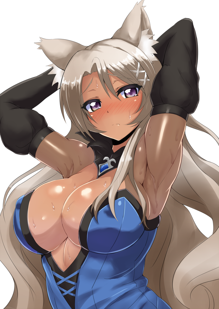 armpits avy417 blush breasts dark_skin fox_ears gray_hair long_hair pointy_chin purple_eyes sakura_spirit sakurano_machiko sweat tagme