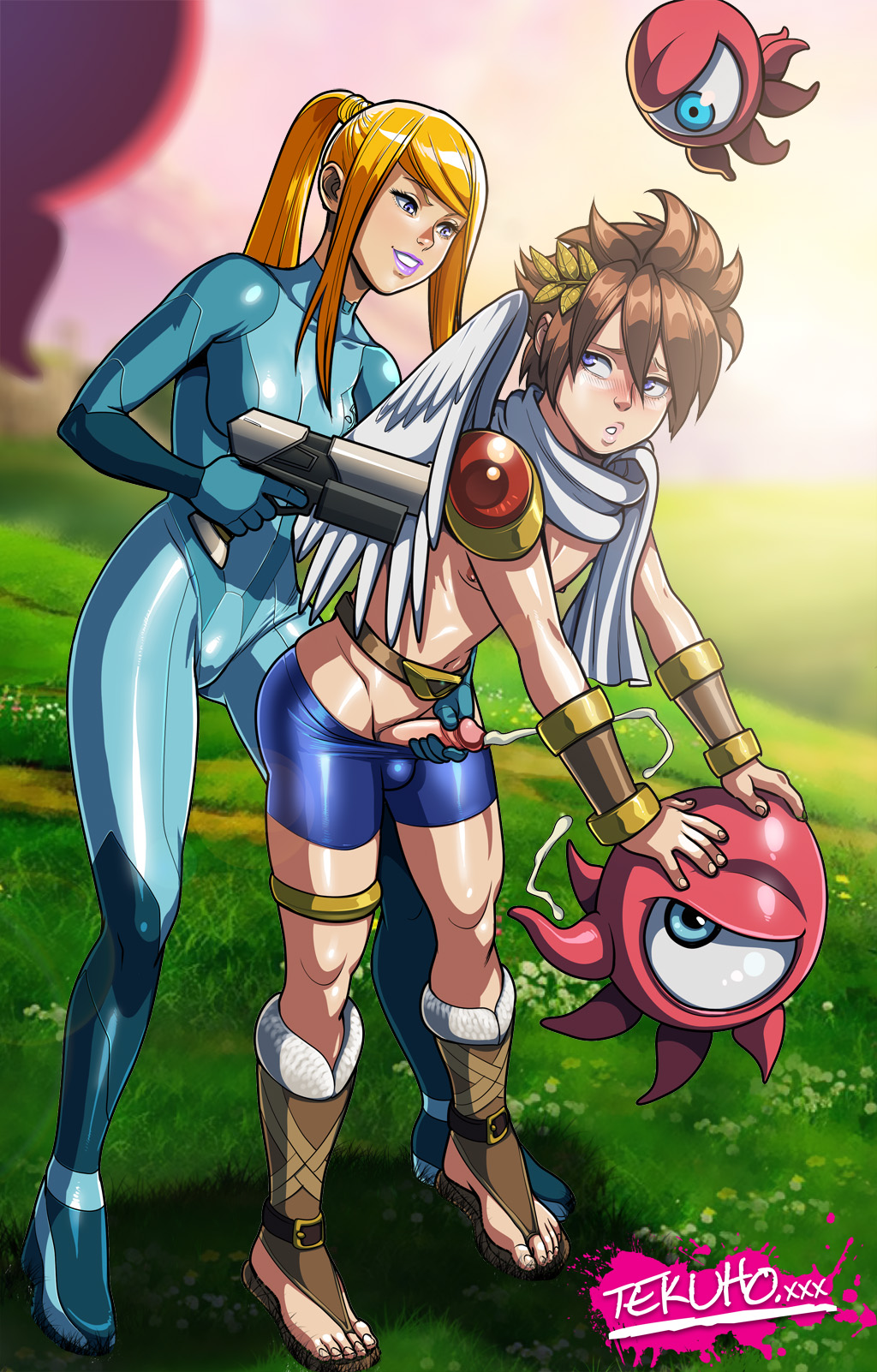 1boy 1girls at_gunpoint belt bike_shorts blonde_hair blue_eyes bodysuit boy_rape brown_hair bulge clothed color crossover cum ejaculation erection female femboy femdom firearm grass grin gun gunpoint hair_ornament handgun handjob height_difference highres human kid_icarus larger_female leaning lips looking_at_another looking_back male malesub manual masturbation metroid monoeye monster navel nintendo nipples outdoors pale_skin parted_lips penis penis_out pit_(kid_icarus) ponytail pursed_lips reach_around samus_aran scarf size_difference skin_tight smaller_male smile straight super_smash_bros. tekuho tied_hair uncensored underboob watermark weapon web_address wings zero_suit zero_suit_samus