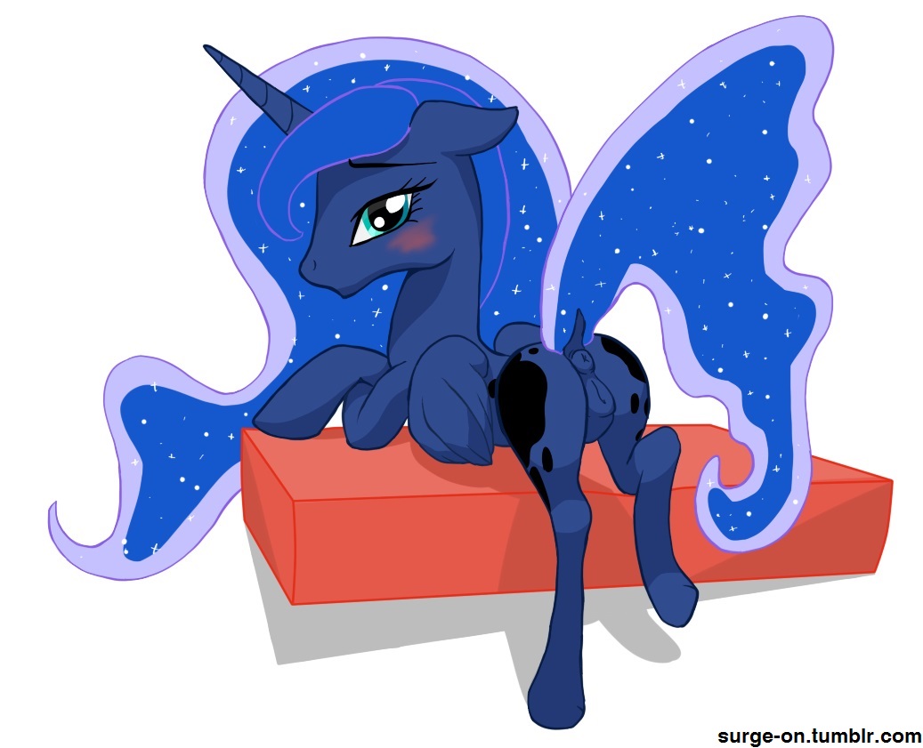 2016 alicorn anus blush cushion dock equine female feral friendship_is_magic horn horse looking_at_viewer looking_back mammal my_little_pony pony princess_luna_(mlp) pussy raised_tail rear_view simple_background solo surge-on wings