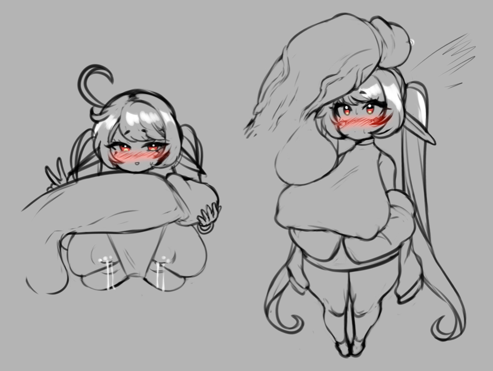 1boy, 1girls, balls, big breasts, big penis, blush, breasts, clothed, clothing, disembodied penis, duo, female, grey background, huge cock, jojoniumart, lactation, large penis, long hair, looking at penis, looking up, male, milk, mochi (jojoniumart), nipple bulge, penis, pointy ears, shortstack, simple background, size difference, sketch, straight, testicles, v