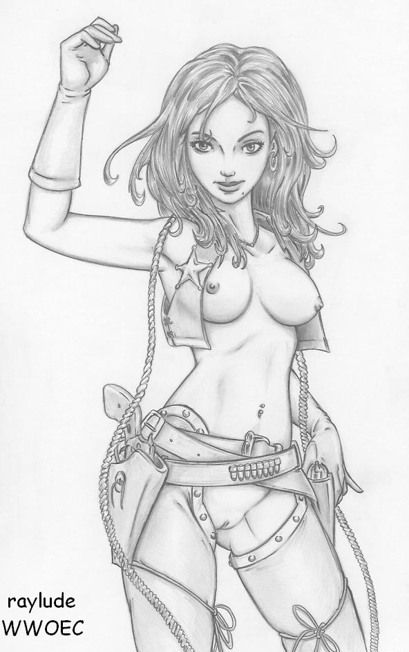 arm_up badge belt breasts bullet casual chaps contrapposto cowboy_shot dark_horse ear_piercing female female_only firearm front_view gloves greyscale gun handgun handwear holster holstered_weapon human legwear light_skin looking_at_viewer medium_eyes mole_(marking) mole_under_mouth monochrome nancy_callahan navel_piercing piercing pinup pose pussy raylude revolver sheriff_badge simple_background sin_city solo standing tactical_nudity traditional_media_(artwork) vest weapon white_background