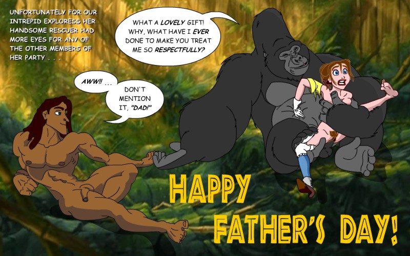 1girls 2boys ape barefoot bestiality celebration dialogue disney disney_princess dress english_text father's_day father_and_son feet female feral gift gorilla haplorhine holidays human husband_and_wife interspecies jane_porter kerchak long_dress long_skirt male mating monkey monkey_feet multiple_boys one_shoe penis prehensile_feet primate pubic_hair rape single_shoe skirt speech_bubble straight tarzan_(1999_film) tarzan_(character) text torn_clothing yellow_dress yellow_skirt zoophilia