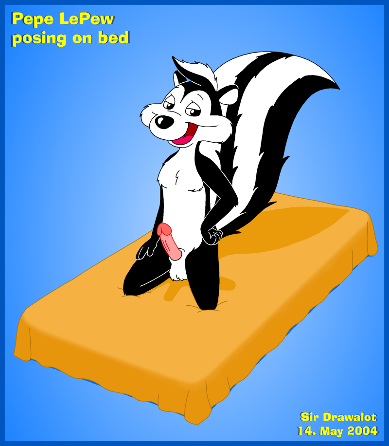 2004 anthro black_fur erection fur kneeling looney_tunes male male_only mammal nude penis pepe_le_pew sir_drawalot skunk smile smooth_fur solo tagme tail testicles white_fur