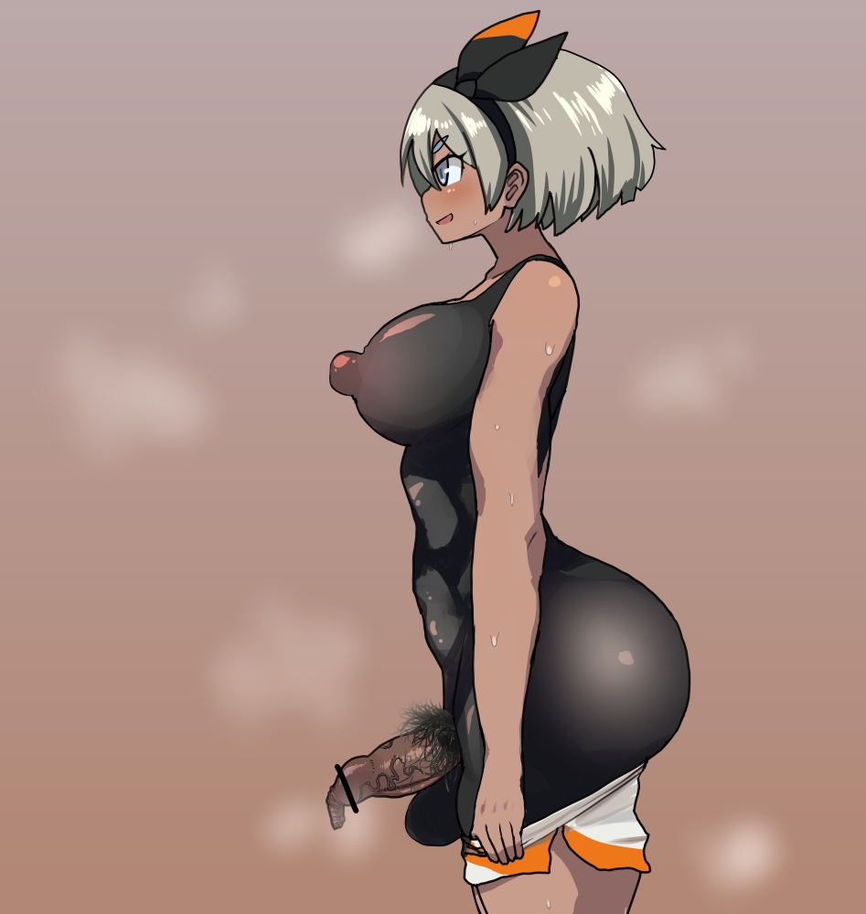 1futa, areolae, ass, balls, bar censor, bea (pokemon), big ass, big breasts, bodysuit, breasts, censored, clothed, clothing, dark skin, dark-skinned futa, darkened genitalia, flaccid, foreskin, fully clothed, futa only, futanari, game freak, human, intersex, musk, musk clouds, musky balls, musky cock, nintendo, nipples, nnff, penis, pokemon, pokemon ss, pubic hair, short hair, side view, solo, standing, sweat, uncircumcised, uncut, unretracted foreskin, veiny penis, white hair