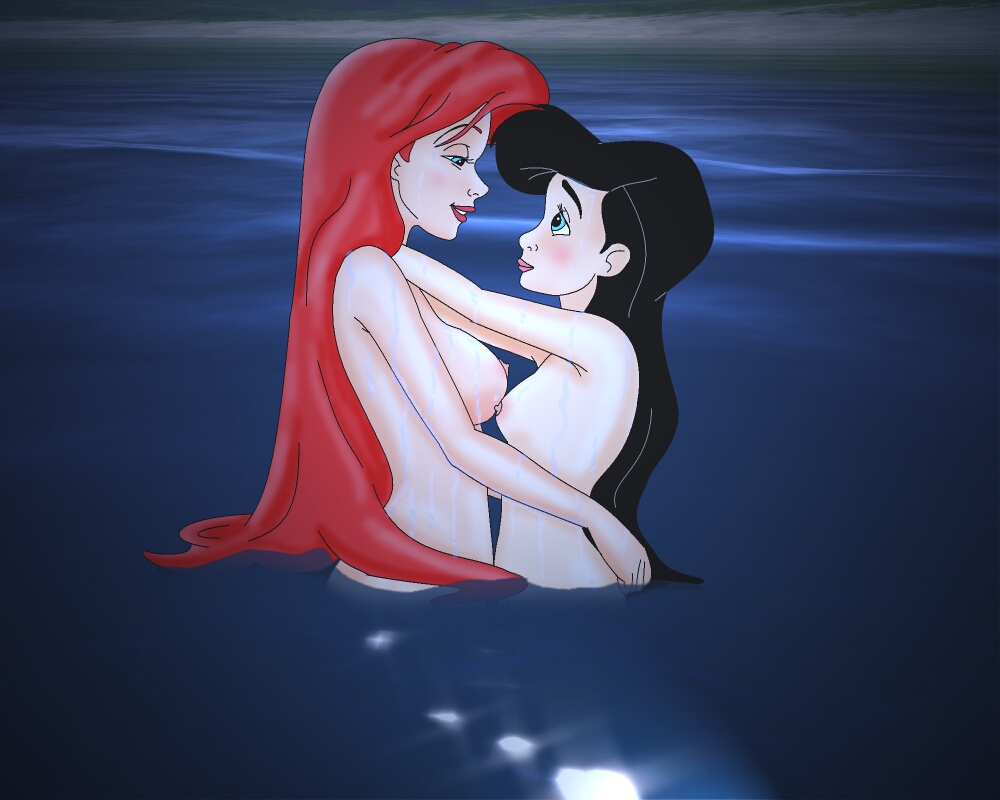 2girls 5:4 5:4_aspect_ratio ariel blush breasts breasts_difference disney disney_princess female female_focus female_only in_love incest long_black_hair long_hair_female long_red_hair loving_couple loving_gaze medium_breasts melody melody_(disney) mermaid milf mother_and_daughter multiple_females multiple_girls night nipples nude outdoors partially_submerged public_incest side_view skinny_dipping teenage the_little_mermaid the_little_mermaid_ii:_return_to_the_sea water young yuri