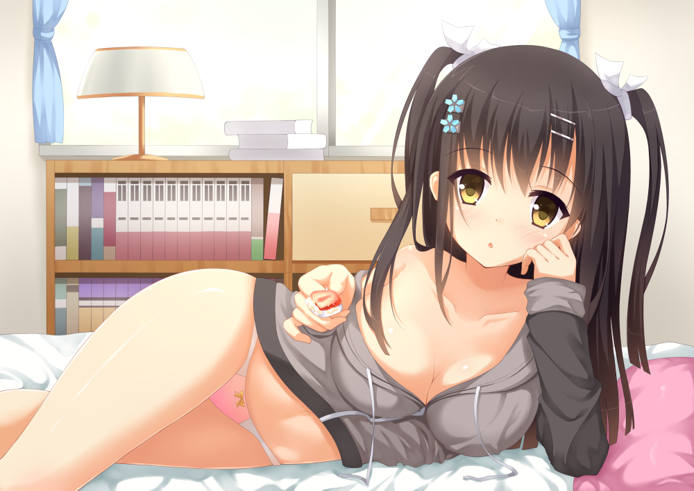 bedroom black_hair blush breasts chitori cleavage collarbone female food fruit hair_ornament hair_ribbon hairclip hairpin long_hair looking_at_viewer lying no_pants off_shoulder on_bed on_side open_mouth panties pov_feeding ribbon sanoba_witch solo strawberry togakushi_touko two_side_up underwear yellow_eyes