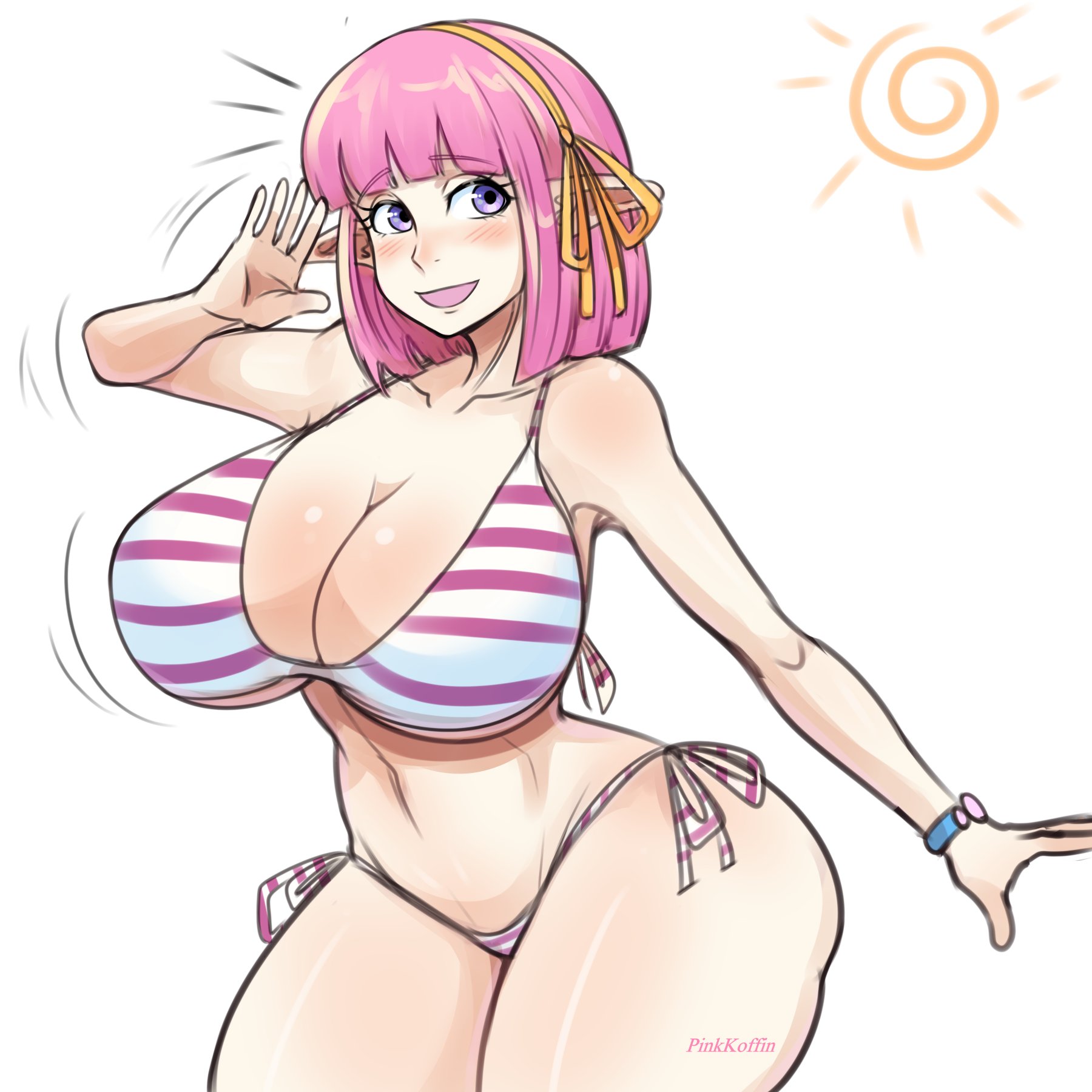 1girls, bikini, blush, breasts, elf, elf-chan, female, hair ribbon, huge breasts, motion lines, original, original character, pink hair, pinkkoffin, pointy ears, purple eyes, short hair, side-tie bikini, simple background, smile, solo, sun, thick thighs, voluptuous, wide hips