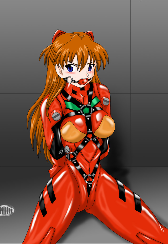 asuka_langley_sohryu ball_gag blush bondage clothing female female_only gag gagged harness human kokuyousha latex medium_breasts neon_genesis_evangelion plugsuit solo tears