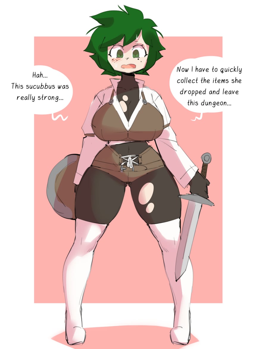 bodysuit, bodysuit under clothes, borvar, breasts, female, female deku, front view, genderswap, genderswap (mtf), izuku midoriya, large breasts, light skin, my hero academia, platform heels, rule 63, sole female, sweat, thick thighs, torn bodysuit, torn clothing
