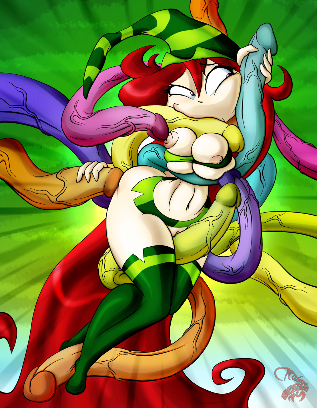 :>=, ass, betilla (rayman), breasts, busty, cicada, curvy, fairy, female, footjob, hat, long hair, male, nymph (rayman), penis, pussy, rape, rayman (series), rayman origins, red hair, rubbing, sex, tentacle, vagina