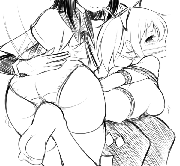 2girls, akemi homura, argyle, argyle legwear, arms behind back, ass, bent over, blush, bondage, female, gag, gagged, head out of frame, human, long hair, madoka kaname, magical girl, mahou shoujo madoka magica, maullarmaullar, monochrome, multiple females, multiple girls, panties, pantyhose, rope, short twintails, sketch, smile, spanked, spanking, thighhighs, tied hair, topless, twintails, underwear, yuri