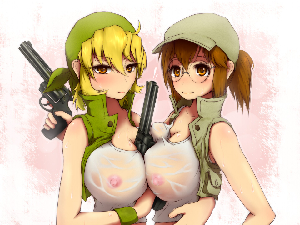 2girls asymmetrical_docking bandana between_breasts blonde_hair blush breast_press breasts brown_eyes brown_hair cleavage crop_top eri_kasamoto female fio_germi glasses gun handgun hat holding hug jacket jyu-zu large_breasts looking_at_viewer metal_slug midriff multiple_girls nipples object_between_breasts open_clothes open_jacket paizuri ponytail revolver see-through sexually_suggestive short_hair smile snk standing sweat symmetrical_docking tied_hair weapon weapon_between_breasts wet wristband yuri