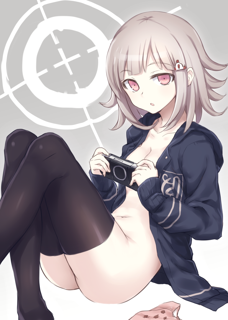 :o black_legwear bottomless breasts brown_hair cleavage danganronpa danganronpa_2:_goodbye_despair female flipped_hair hair_ornament hairpin hirasato hoodie looking_at_viewer medium_breasts naked_hoodie nanami_chiaki navel open_hoodie open_jacket open_mouth panties panties_removed playstation psp red_eyes reticule solo sony straight_hair super_danganronpa_2 thighhighs underwear unzipped