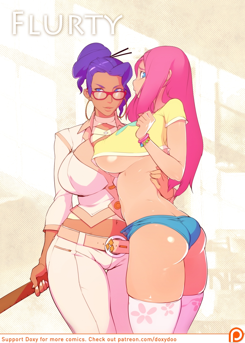 2girls, ass, ass cleavage, ass crack, belt, blue eyes, blue hair, bracelet, breasts, butt crack, comic cover, cover, dark skin, doujin cover, doxy, earrings, female, femdom, flurty (comic), fluttershy (mlp), friendship is magic, hoop earrings, hoop earrings oversized, long hair, my little pony, navel, pink hair, rarity (mlp), seductive, shorts, skindentation, smooth skin, standing, t-shirt, thigh gap, thighhighs, underboob, voluptuous