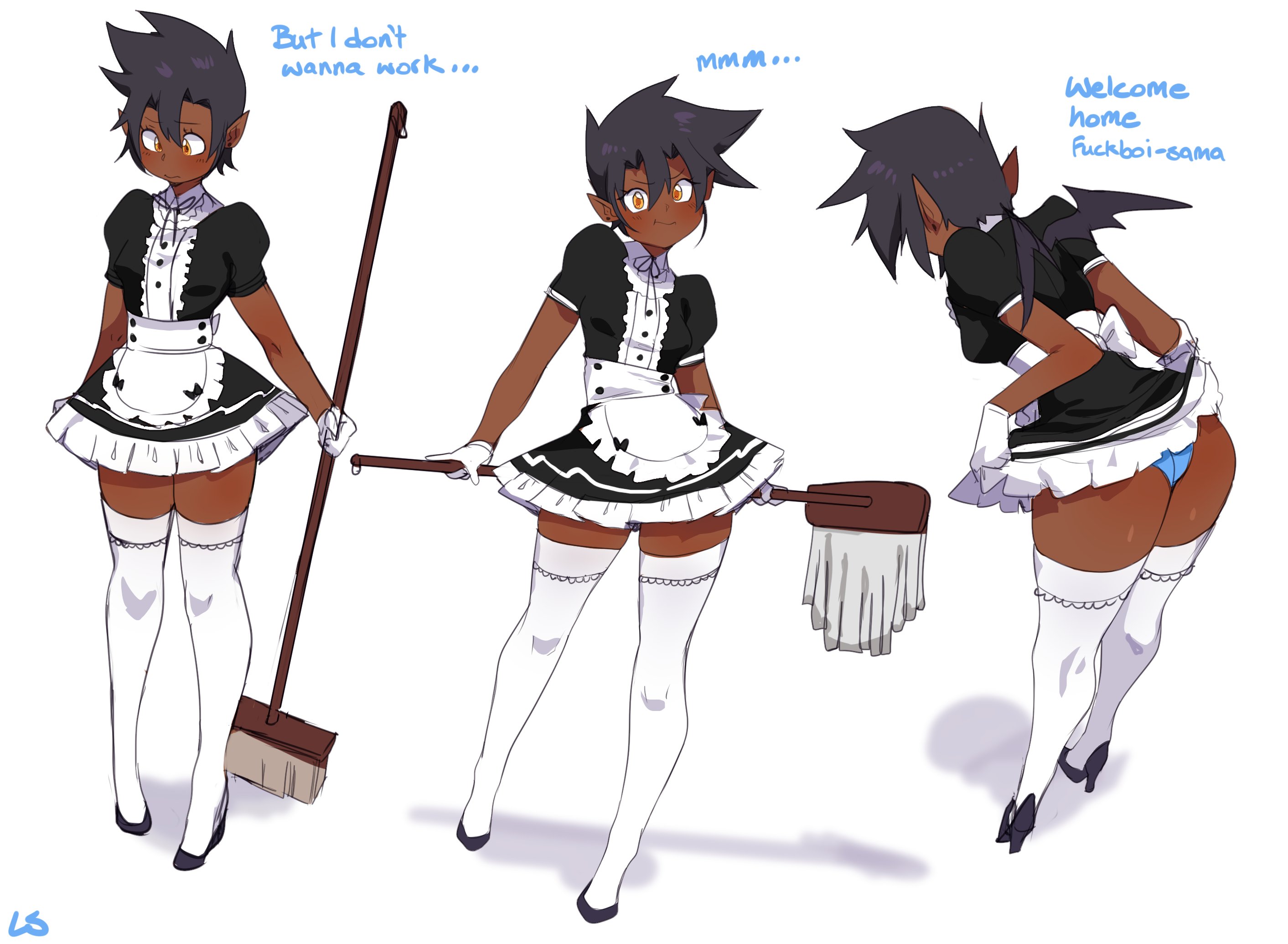 1girls, amber eyes, bat wings, black hair, blush, broom, dark skin, dark-skinned female, dialogue, english text, female, female only, gloves, heels, lightsource, looking at viewer, maid, maid uniform, original, original character, panties, pointy ears, solo, solo female, thighhighs, very high resolution, white background, white thighhighs, wings, zaffre (lightsource)