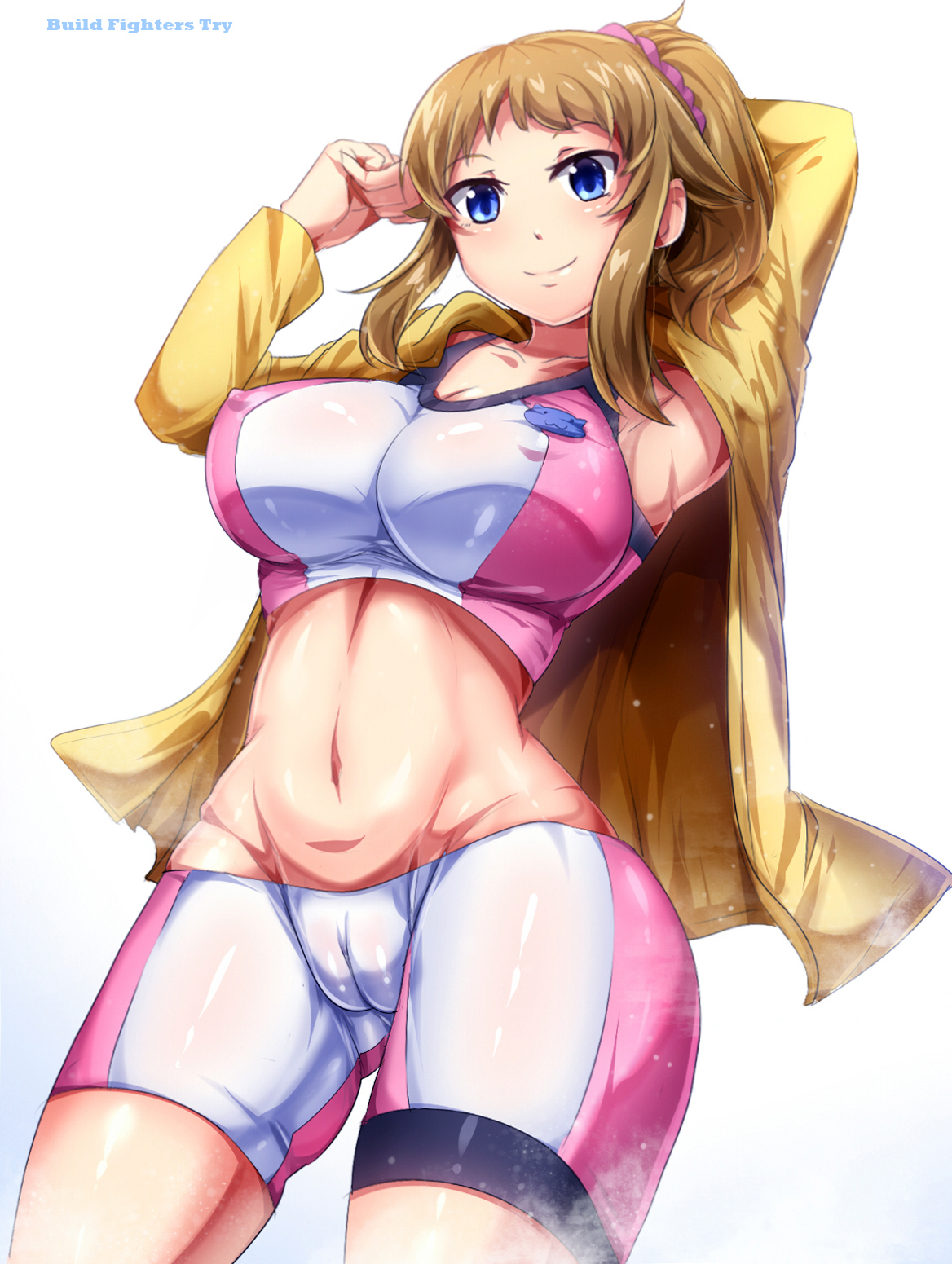 blonde hair, blue eyes, breasts, cameltoe, cleavage, erect nipples, female, gundam, gundam build fighters, gundam build fighters try, hair, hoshino fumina, jacket, large breasts, magukappu, navel, nipples, ponytail, pussy, shorts, smile, solo, standing, tied hair, tight clothes