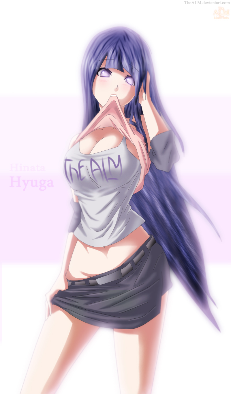 big breasts, breasts, cleavage, clothes, female, hand in hair, huge breasts, human, hyuuga hinata, large breasts, long hair, naruto, naruto (series), naughty, naughty face, no bra, partially clothed, tank top, thealm, tight clothes, very long hair