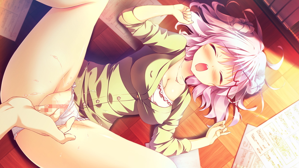 1girls blush censored closed_eyes female fingering game_cg glasses kanojo_ga_ore_ni_kureta_mono._ore_ga_kanojo_ni_ageru_mono. mecha_con! mosaic_censoring onomatope open_mouth panties purple_hair pussy shida_merii shiratama short_hair tagme underwear