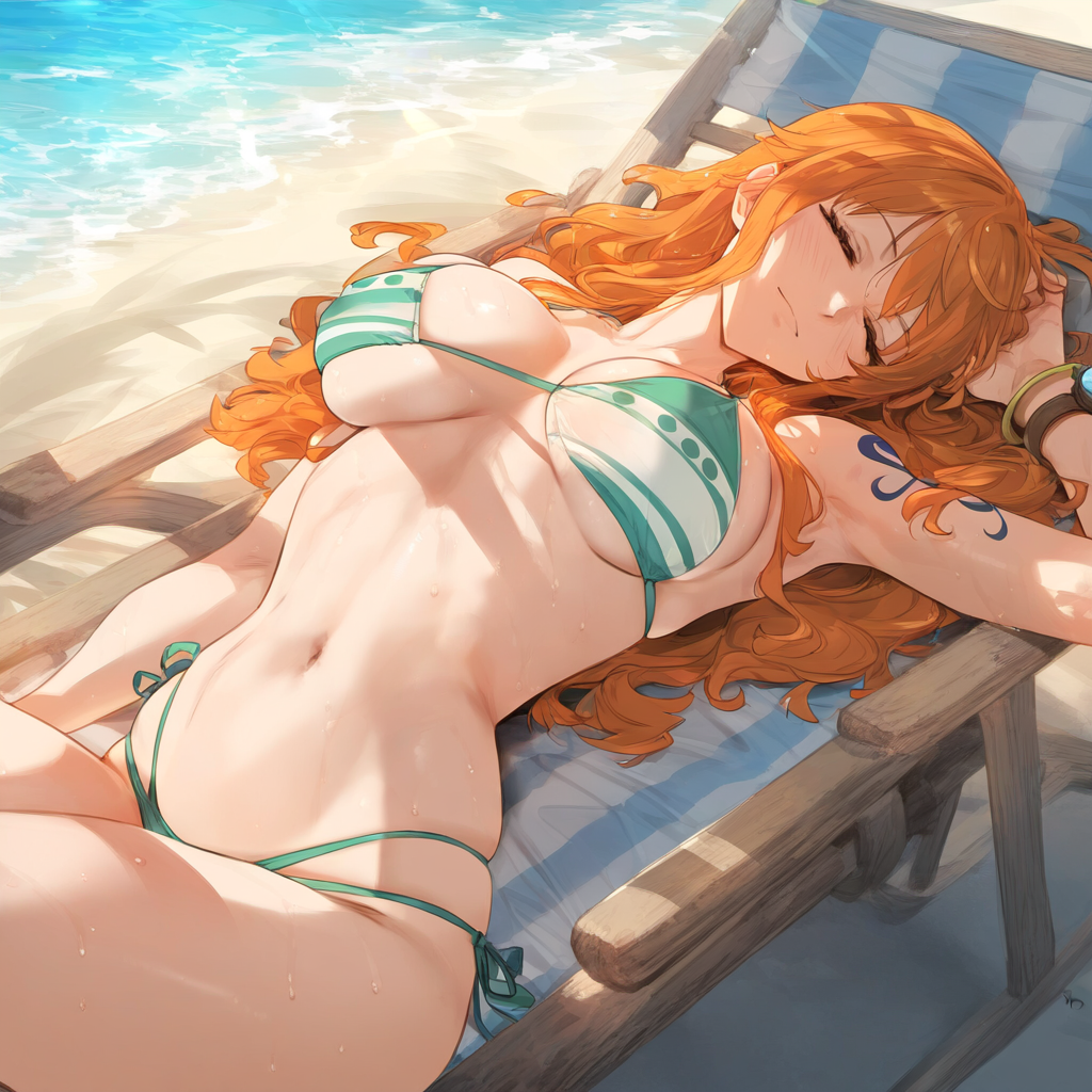 1girls ai_generated beach_chair belly_button big_breasts bikini breasts busty curvy female female_only log_pose long_hair lying lying_down lying_on_back nami on_back one_piece orange_hair post-timeskip sea seaside sleeping solo tattoo thick_thighs waifulover water