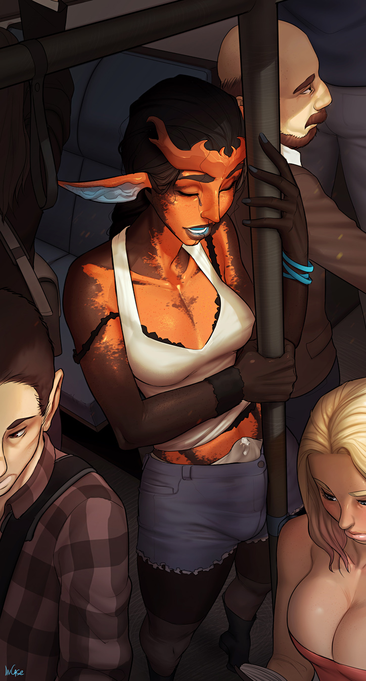 1futa, 1girls, 2boys, alien, alien futa, artist name, balls, balls bulge, balls in panties, balls under clothes, black bra, black hair, blonde hair, boots, bra, breasts, bulge, cameltail, cleavage, closed eyes, cum in clothes, cum through clothes, curvy, dark skin, dark-skinned futa, dickgirl, erect nipples, erection, erection under clothes, female, futanari, horns, human, incase, intersex, kneesocks, large breasts, long hair, male, masturbation, medium breasts, nipple bulge, nipples, original, panties, panty bulge, penis, penis bulge, penis in panties, penis under clothes, pointy ears, precum, puazi, public, standing, tank top, train, two-tone skin