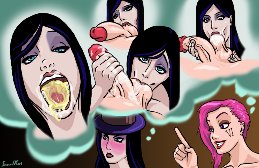 ahe gao, balls, balls sucking, blue eyes, blue hair, blush, caitlyn kiramman, canon couple, cum, cum drip, cum in mouth, cum inside, cum on tongue, cumdrip, dark hair, dickgirl, drinking pee, fellatio, female, futa on female, futanari, groping, hair, handjob, hat, imagining, intersex, league of legends, light skin, mouthful, oral, pee, pee in mouth, peeing, peeing in mouth, penis, penis grasp, pink eyes, pink hair, piss, saliva, savalkas, thinking, tongue, tongue out, urine, veiny penis, vi