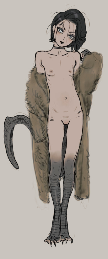 animal_feet animal_hands black_hair black_lips blue_eyes brown_background brown_coat choker claws closed_mouth coat coat_partially_removed digitigrade female flat_chest full_body fur_coat grey_choker grey_scales hand_up head_tilt long_sleeves looking_at_viewer messy_hair monster_girl naked_coat original pussy scales short_hair simple_background slit_pupils solo standing tail unko_man