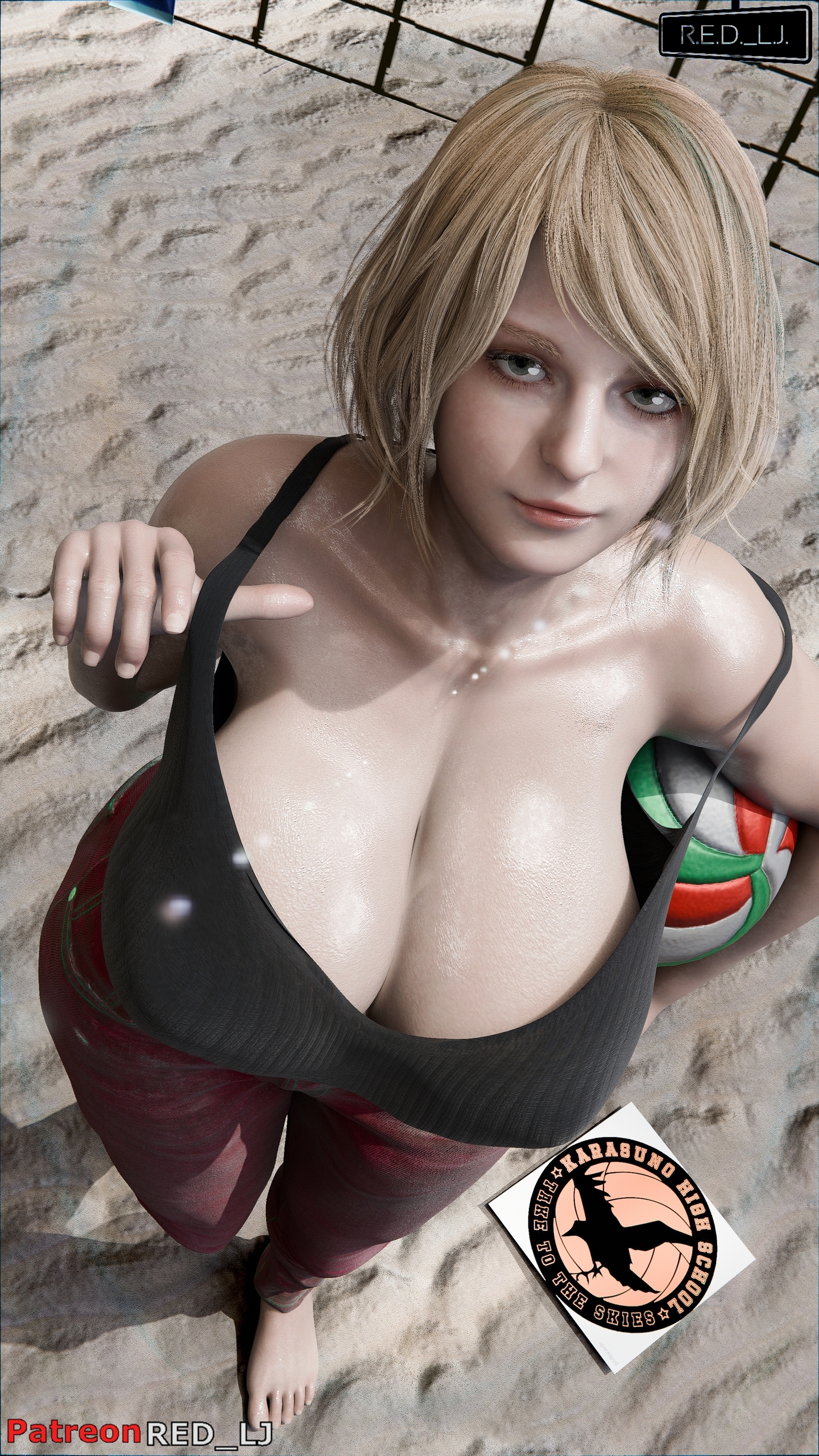 1girls, 3d, 3d (artwork), ashley graham, ashley graham (ella freya), ball (object), beach, blender (software), blonde hair, breasts, clothing, cosplay, female, haikyuu!!, large breasts, patreon username, red lj, resident evil, resident evil 4, resident evil 4 remake, saeko tanaka, short hair, tanaka saeko (haikyuu!!)