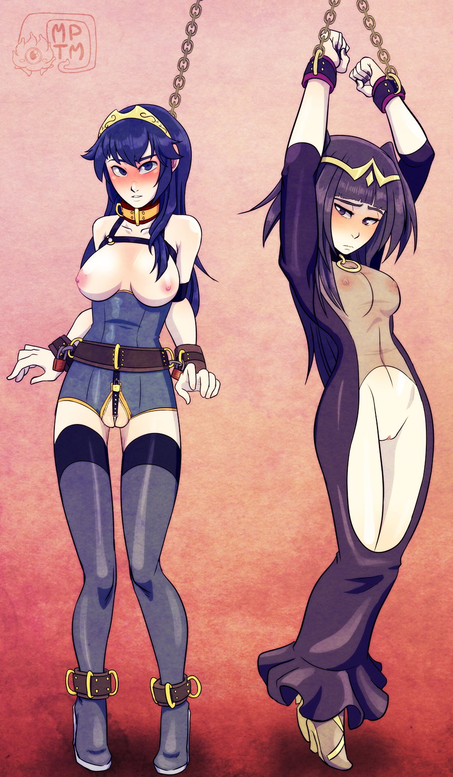 2girls ankle_cuffs arms_above_head arms_up bdsm belt black_eyes black_hair blue_eyes blue_hair blush bondage boots bound bound_wrists breasts chain_leash chains circlet collar cuffs dress exposed female female_only femsub fire_emblem fire_emblem_awakening high_heels hobble_dress hobble_skirt human large_breasts leash long_hair looking_at_viewer lucina_(fire_emblem) midriff multiple_females multiple_girls multiple_subs my_pet_tentacle_monster navel nintendo nipples prisoner pussy restrictive_clothes revealing_clothes see-through standing stockings straps submissive_female tharja_(fire_emblem) thigh_boots thighhighs wrist_cuffs