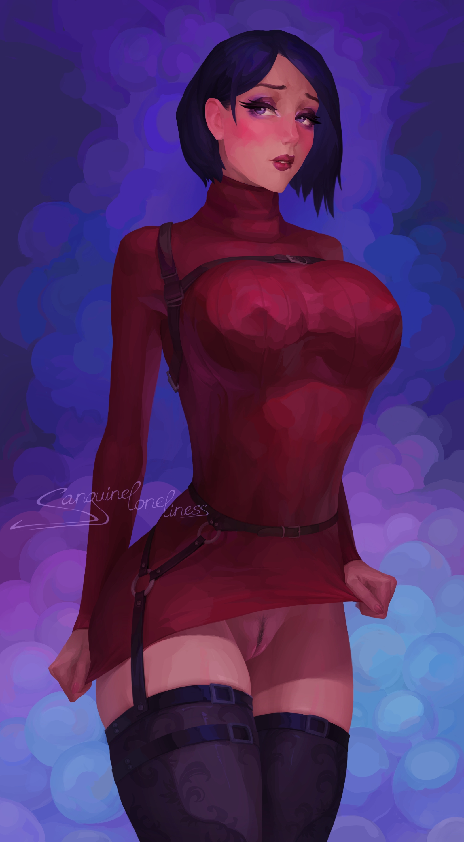1girls, ada wong, bottomless, breasts, female, large breasts, pussy, red dress, resident evil, sanguineloneliness, short hair, solo