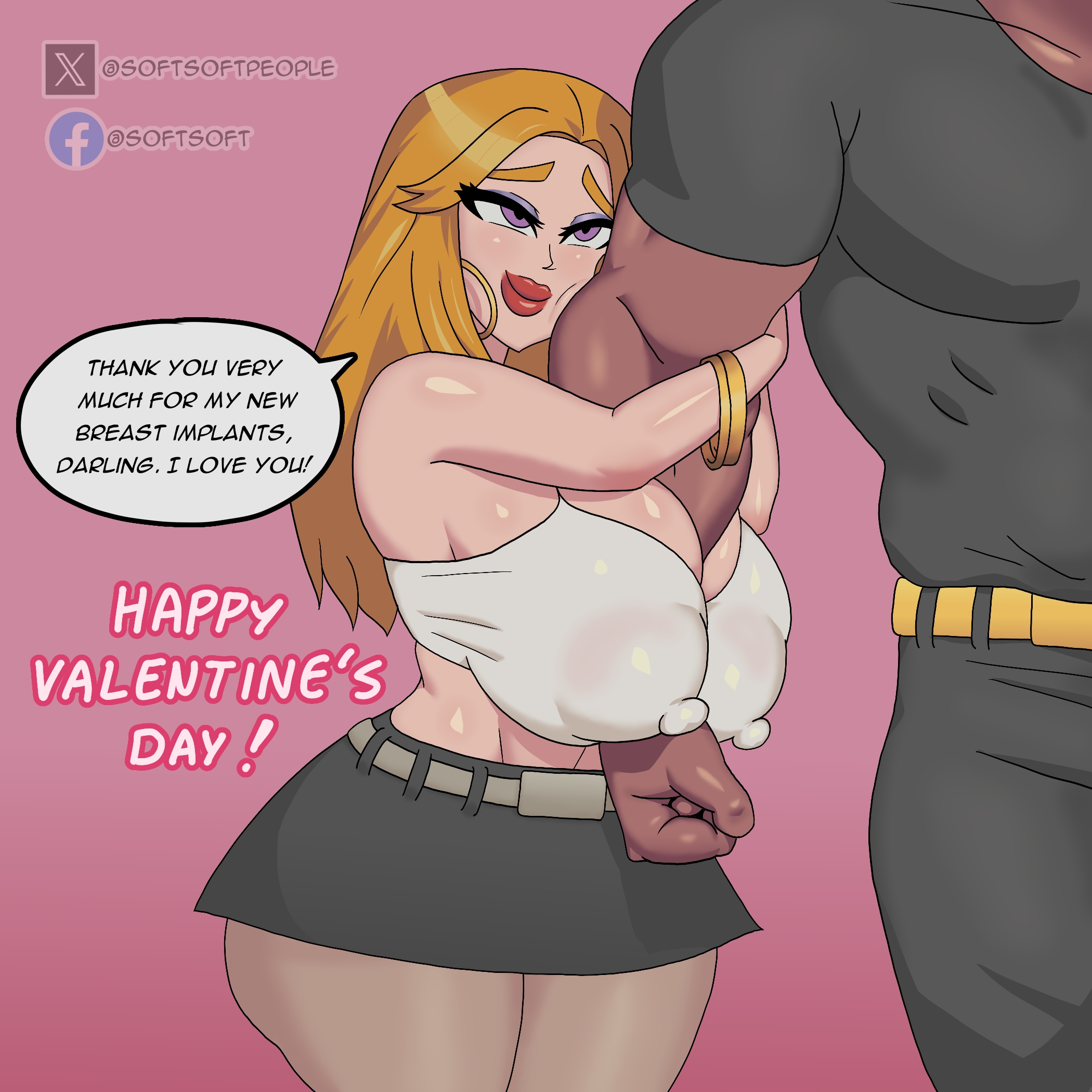 affection, affectionate, big breasts, big earrings, big eyebrows, big lips, bimbo, breast implants, breasts, earrings, female, gyaru, implants, nipples visible through clothing, original, short skirt, sleeveless, thick thighs, valentine's day, wide hips