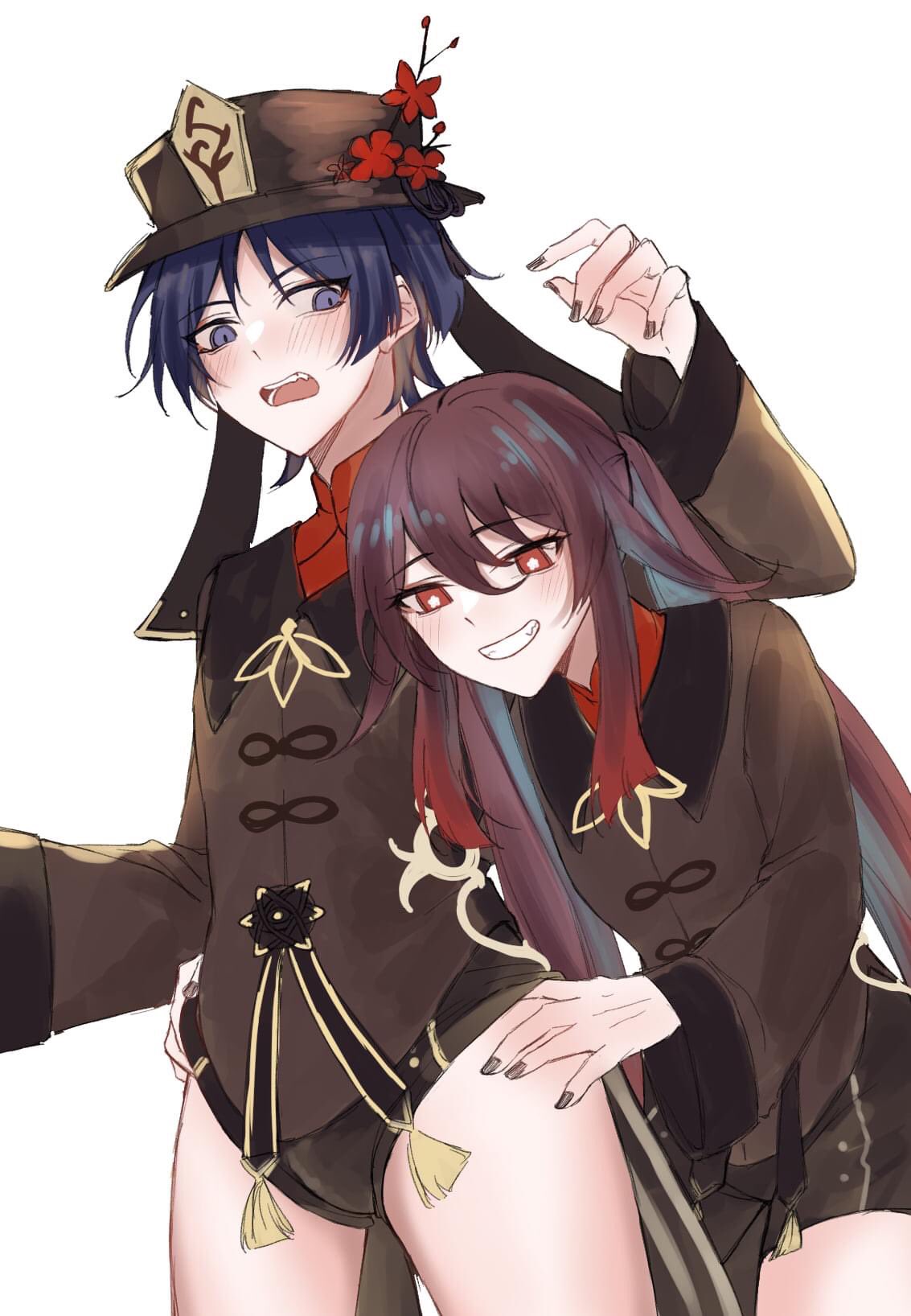 blue eyes, blue hair, blush, brown eyes, brown hair, crossdressing, eigna gie, female, femboy, femboy on female, genshin impact, hand on thigh, hu tao (genshin impact), male, pulling panties, scaramouche (genshin impact), smile, straight, twintails