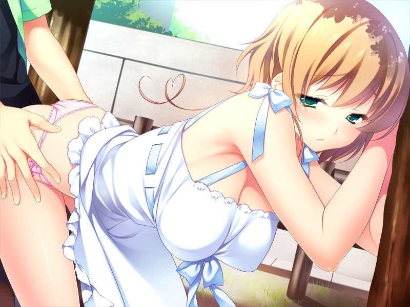 10s 1boy 1girls ass ayase_hazuki bent_over blonde_hair breasts cleavage dress female game_cg grand_cru grand_cru_bourgeois green_eyes highres large_breasts legs looking_back male mitra_airun_sera nukidoki! panties panties_aside sex short_hair tagme thighs underwear vaginal_penetration