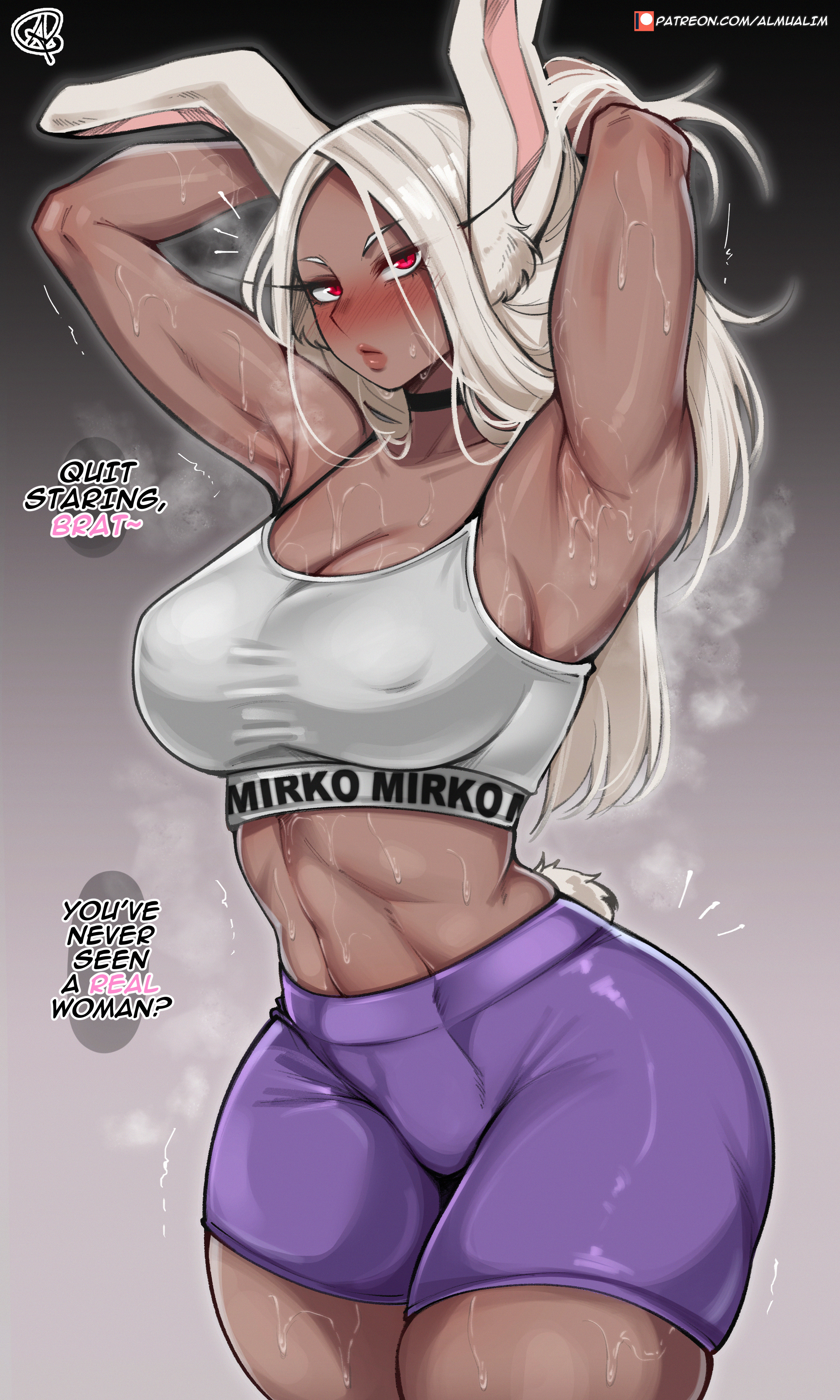 1girls, almualim, armpits, arms up, booty shorts, breasts, brown hair, brown skin, dark skin, dark-skinned female, female, hi res, long hair, miruko, my hero academia, purple shorts, rabbit ears, red eyes, rumi usagiyama, short shorts, shorts, sports bra, sportswear, sweat, sweaty body, white hair