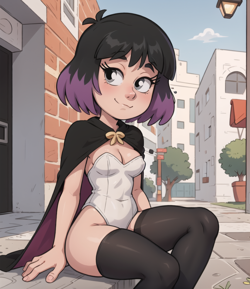 ai_generated ass big_ass big_breasts black_cape black_hair blush blush blushing_at_viewer breasts cape gray_eyes grey_eyes grey_legwear hilda_(series) kaisa_(hilda) leotard looking_at_viewer navel navel_visible_through_clothes pale-skinned_female pale_skin purple_cape purple_hair short_hair smile smiling smiling_at_viewer svtfoe_edition thigh_highs thighhighs thighs two_tone_cape two_tone_hair white_leotard wide_hips