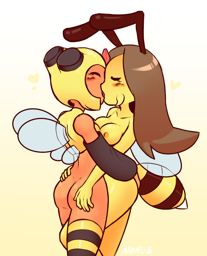 antennae anthro ass bee blush bottomless breast brown_hair female kissing leggings lin_(nekuzx) long_hair naked nekuzx nipples nude nude_female pokémon pokémon_(species) pokemon pokemon_(species) stinger vespiquen wings yuri